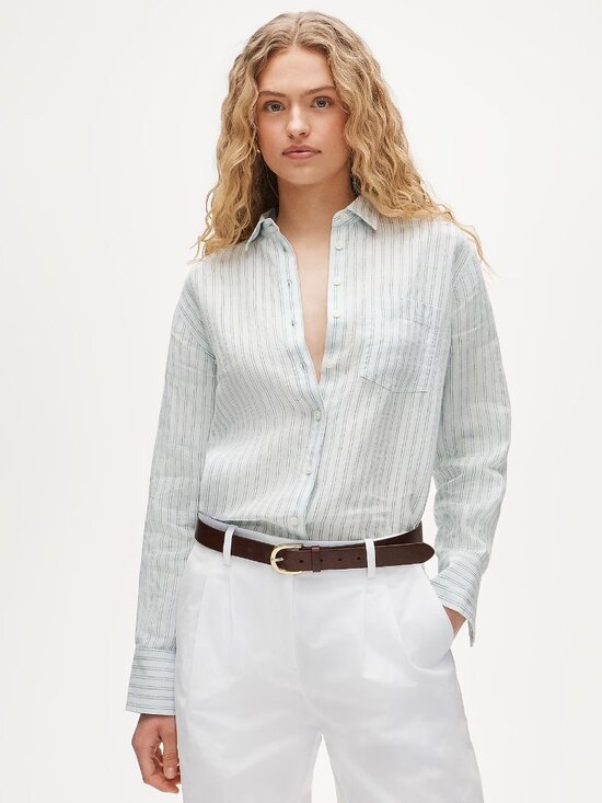 J. Crew Tops - J. Crew Women's Garçon Classic Button-Up Shirt Lt Blue Striped Linen Size 10 NWT